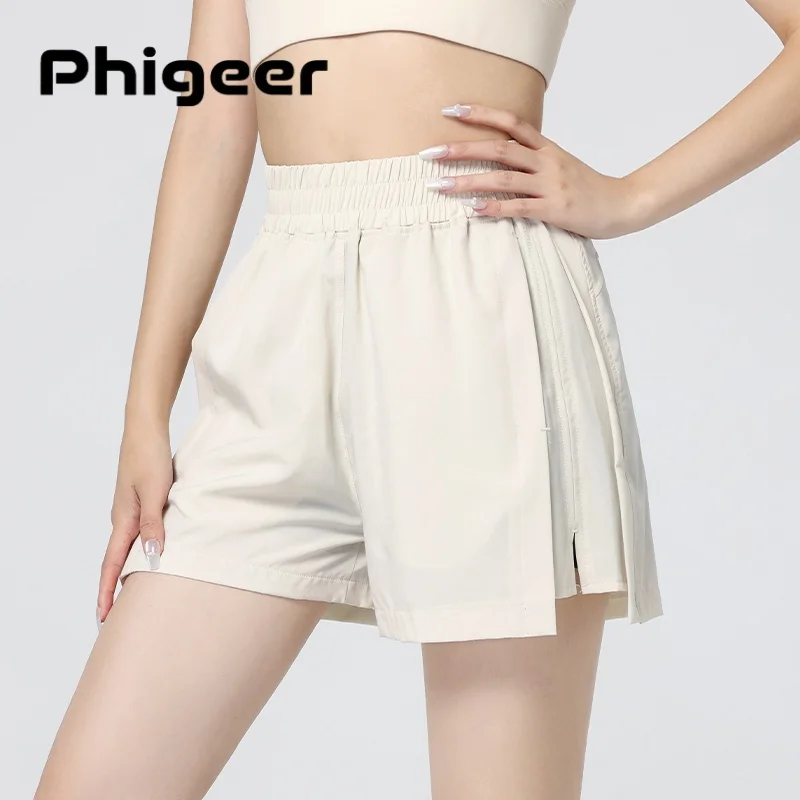 PHIGEER Women's Elastic Waist Yoga Shorts, Summer Hot High Waisted Workout Lounge Shorts with Pockets, Sport Short For Running