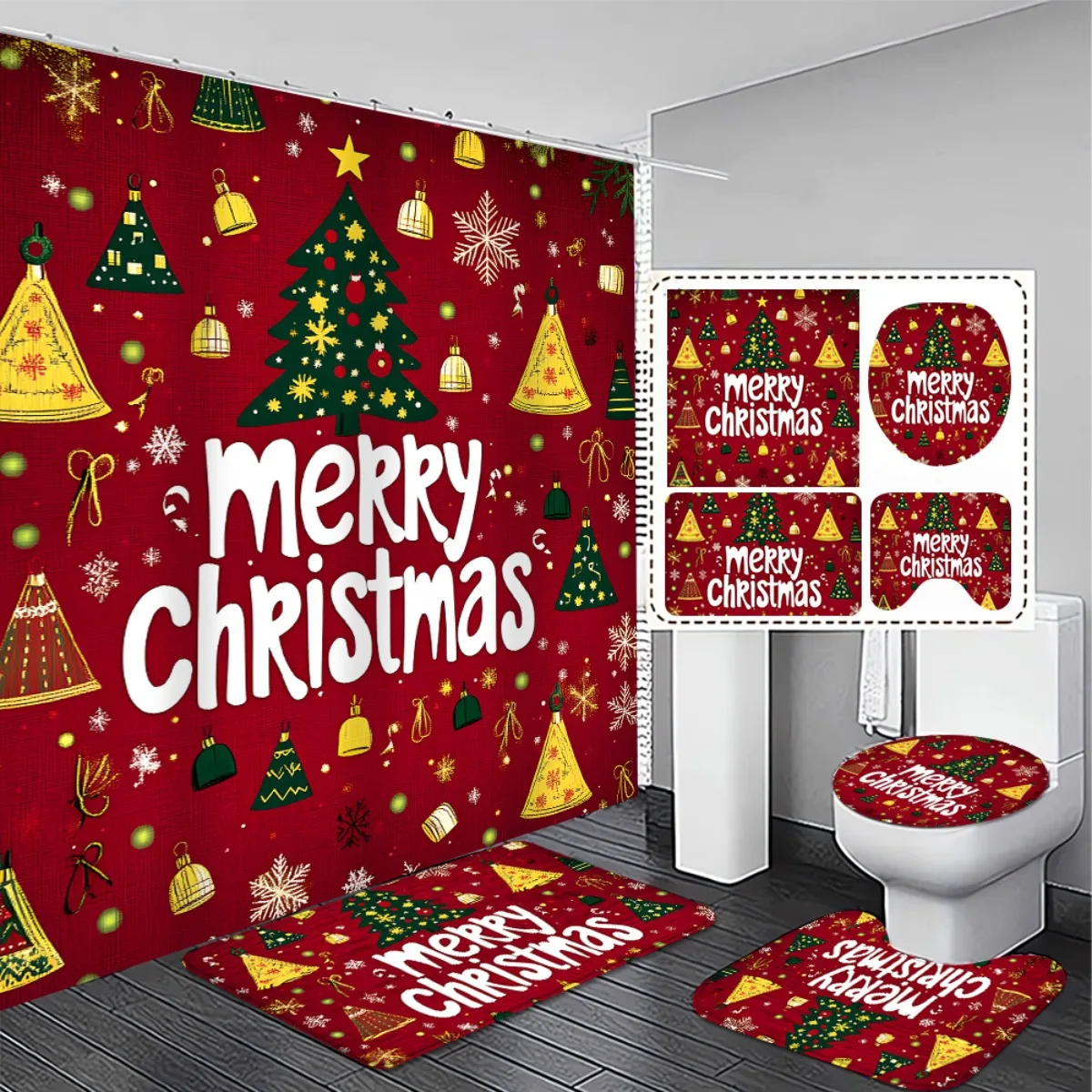 

4pcs Christmas Bathroom Set with Red Plush-Like Shower Curtain, Non-Slip Bath Mats & Toilet Cover - Durable Plastic Fabric