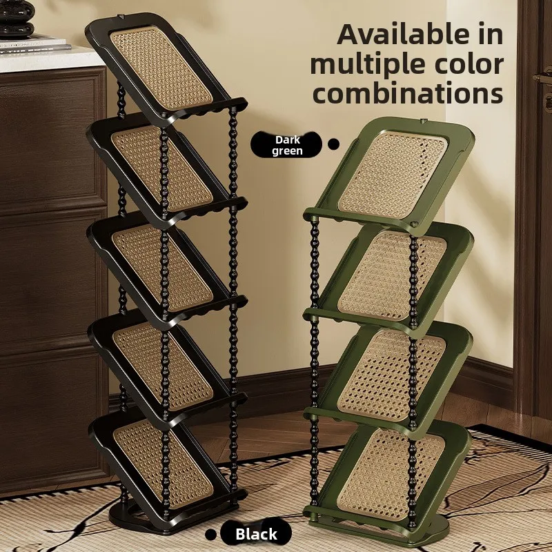 Sapateira inclinada de vime medieval do chão ao teto atrás da porta Prateleira de canto de entrada multicamadas economiza espaço multiuso