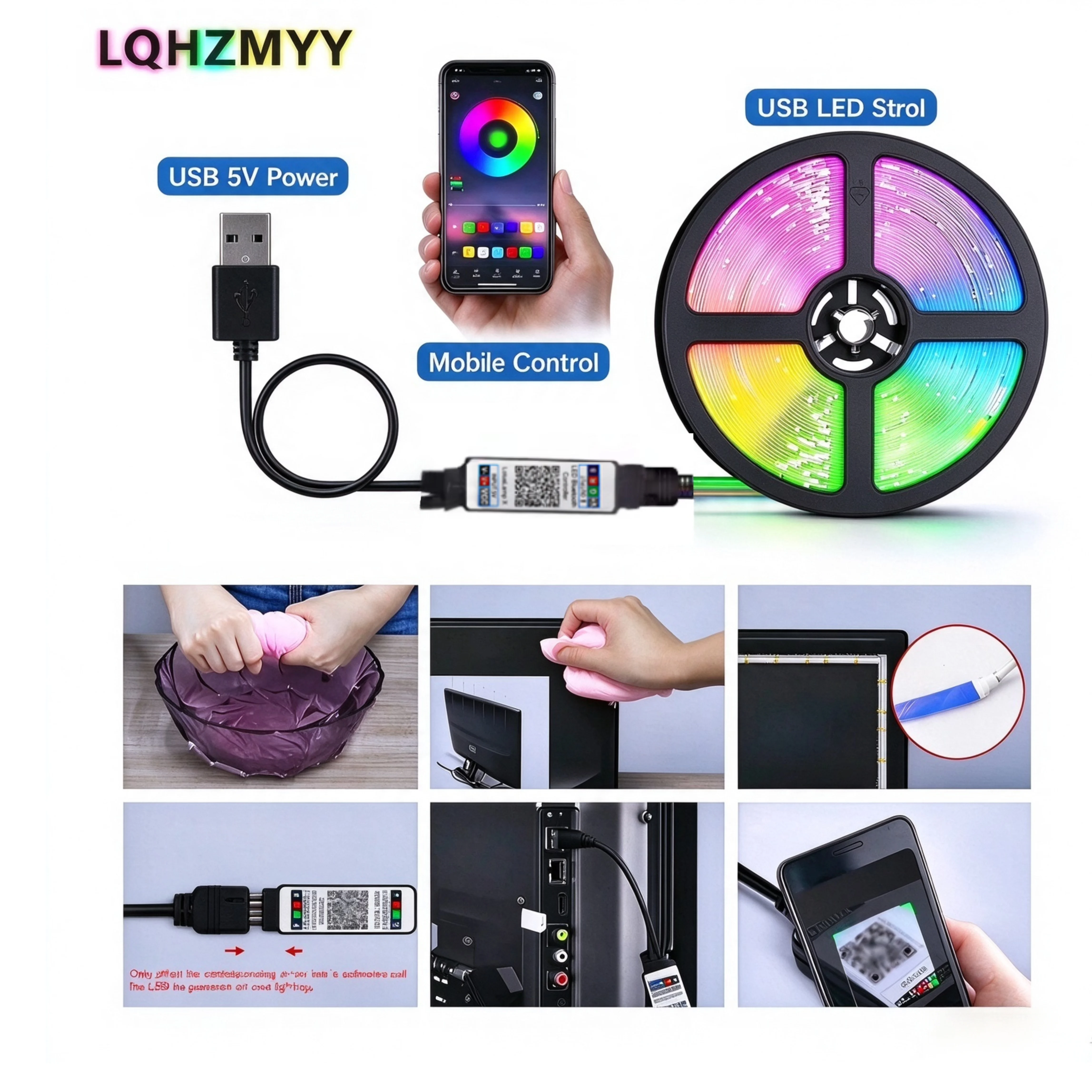 Lqhzmyy Low Voltage 5V Rgb Led Strip Light, USB Powered, Supports App and Remote Control, Rgb Color Changing Function, Compatible with Music Sync, Perfect for Room Decoration, Parties, and Kitchens