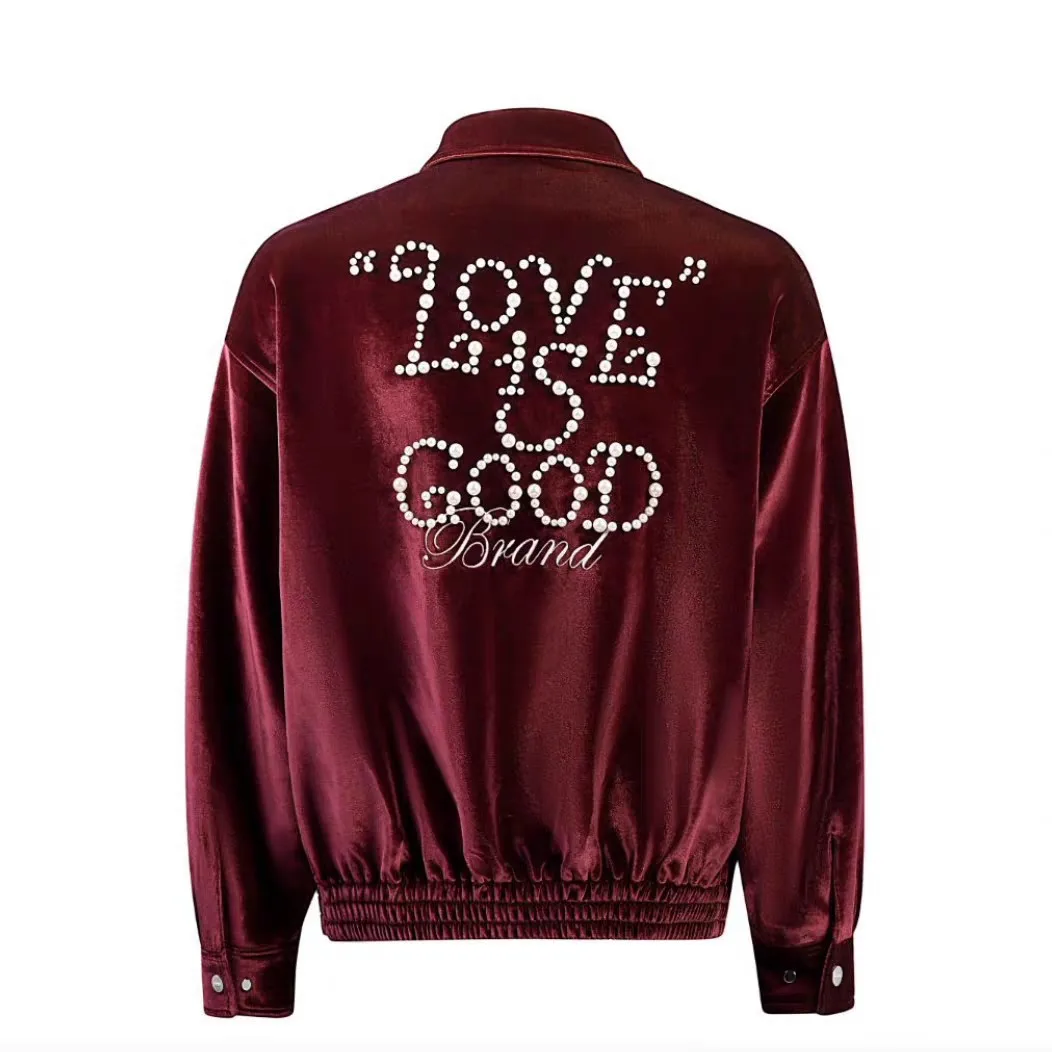 Goodbrand New 2026 Premium Pearl Letter Embroidered Jacket with Letter Lapel, Zipper, Relaxed Fit, Long Sleeves