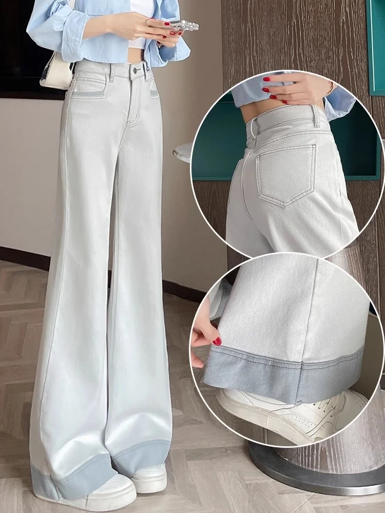

High Waist Wide Leg Bell Bottom Jeans Women's Spring Summer Long Pants Casual Commute Style Washed Denim Trousers Floor Length