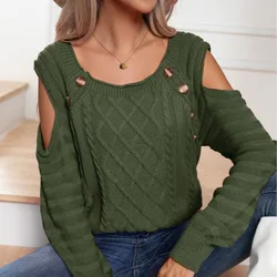 Autumn and Winter Women's Pullover Round Neck Off Shoulder Button Screw Thread Long Sleeved Sweater Knit Underlay Elegant Tops