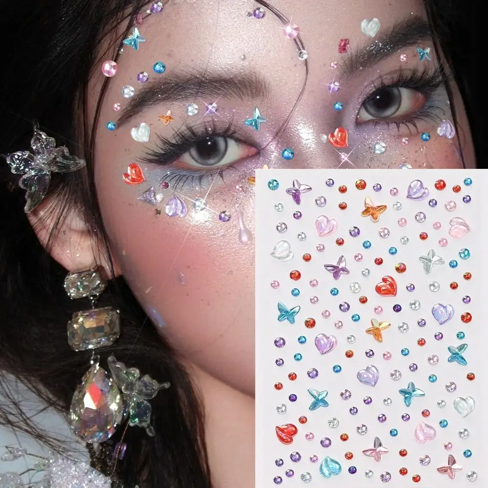 3D Dazzling Face Rhinestone Sticker Transparent Aurora Iridescent Rhinestone Sticker Round Shape Heart Shape