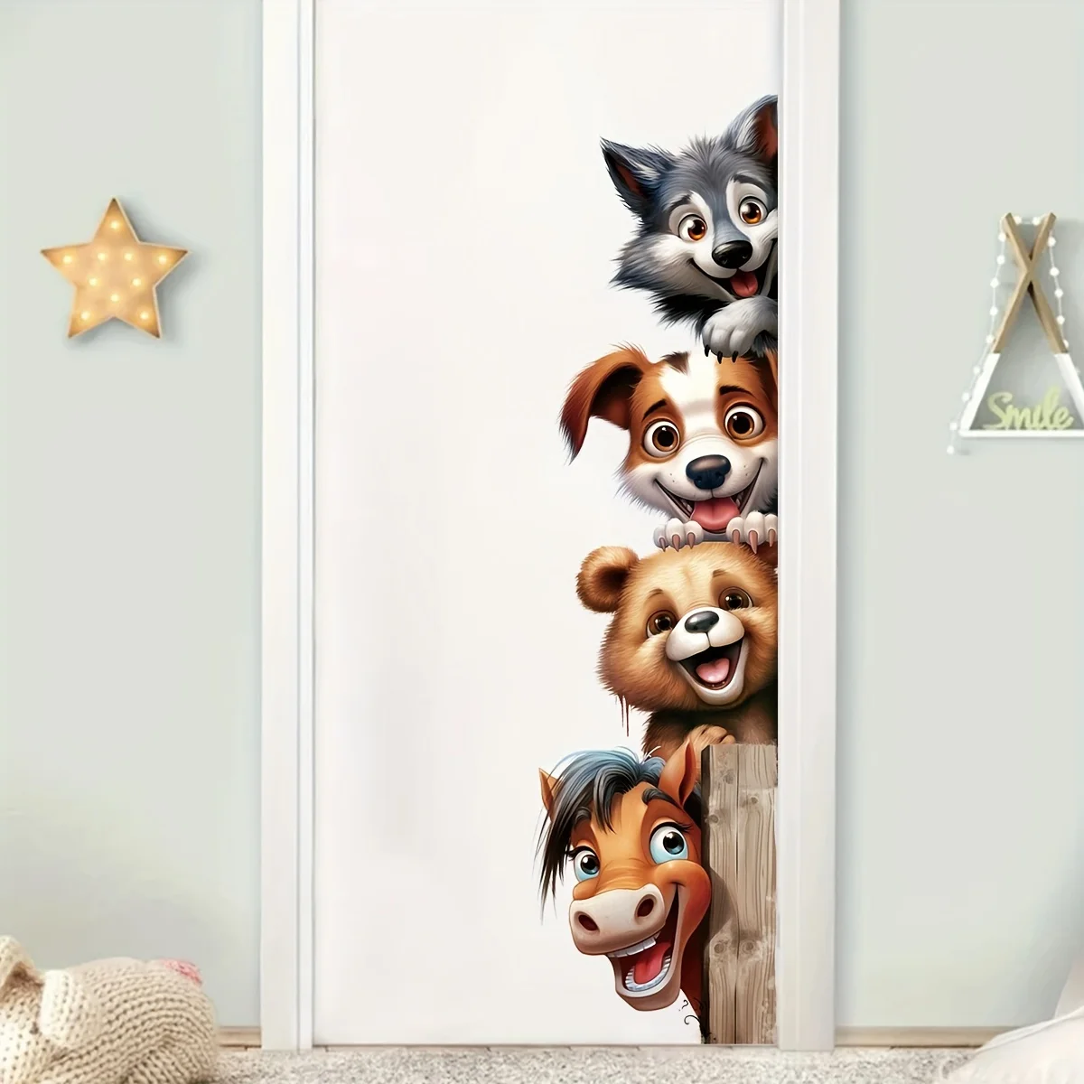 Cute Cartoon Animal Peeking Door Stickers-Wall Sticker Bedroom Living Room-Featuring Dog, Tiger, Donkey with Straw Hats Stickers