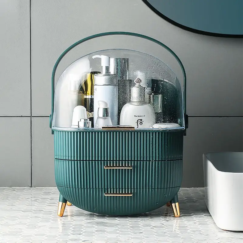 Green Portable Makeup Organizer with Transparent Lid, 2 Drawers, Waterproof Dustproof Cosmetic Storage Box for Bathroom Vanity