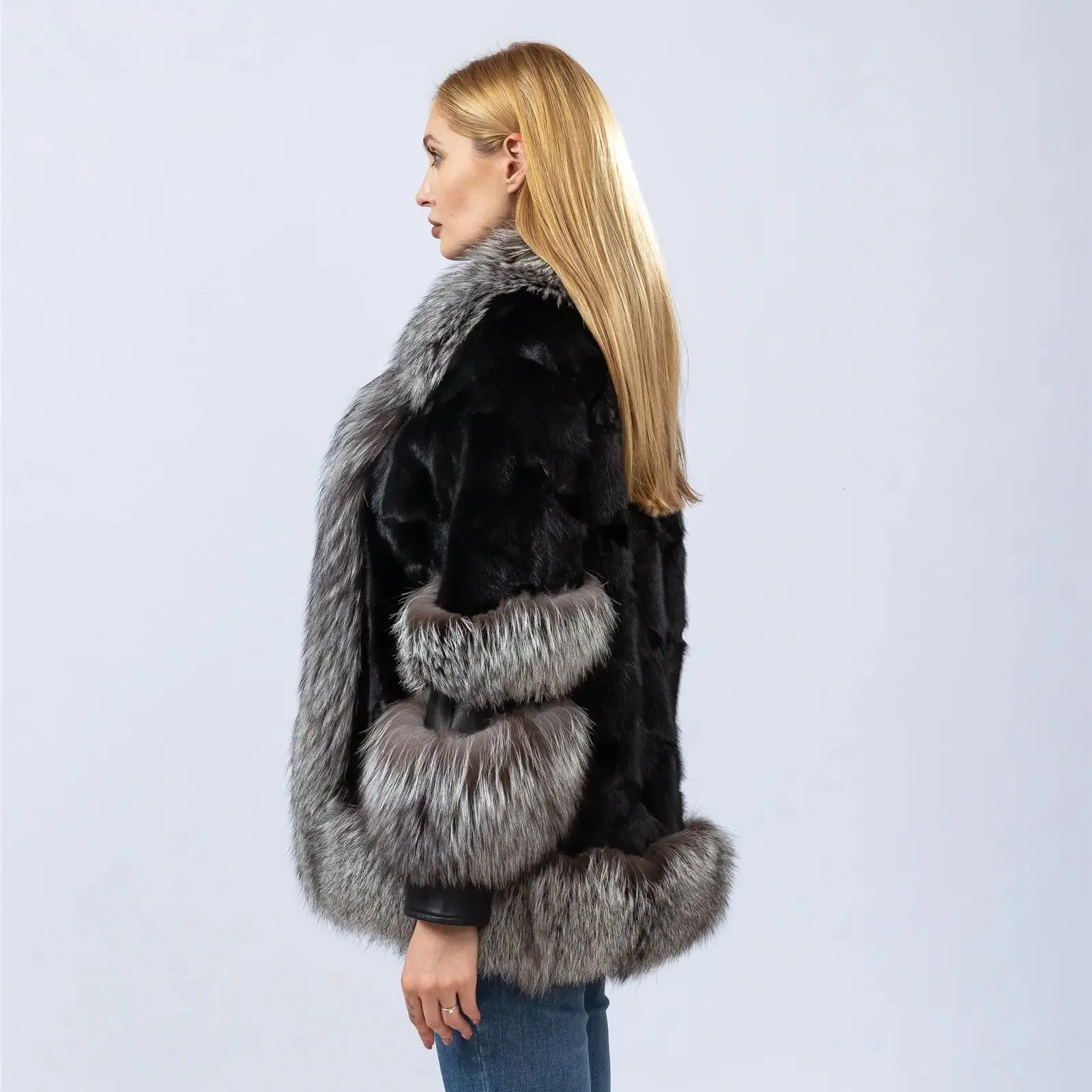 Cappotto di visone naturale con collo di volpe argento per donna, polsini frontali, peloso elegante, bella moda, nuovo stile, autunno e inverno,