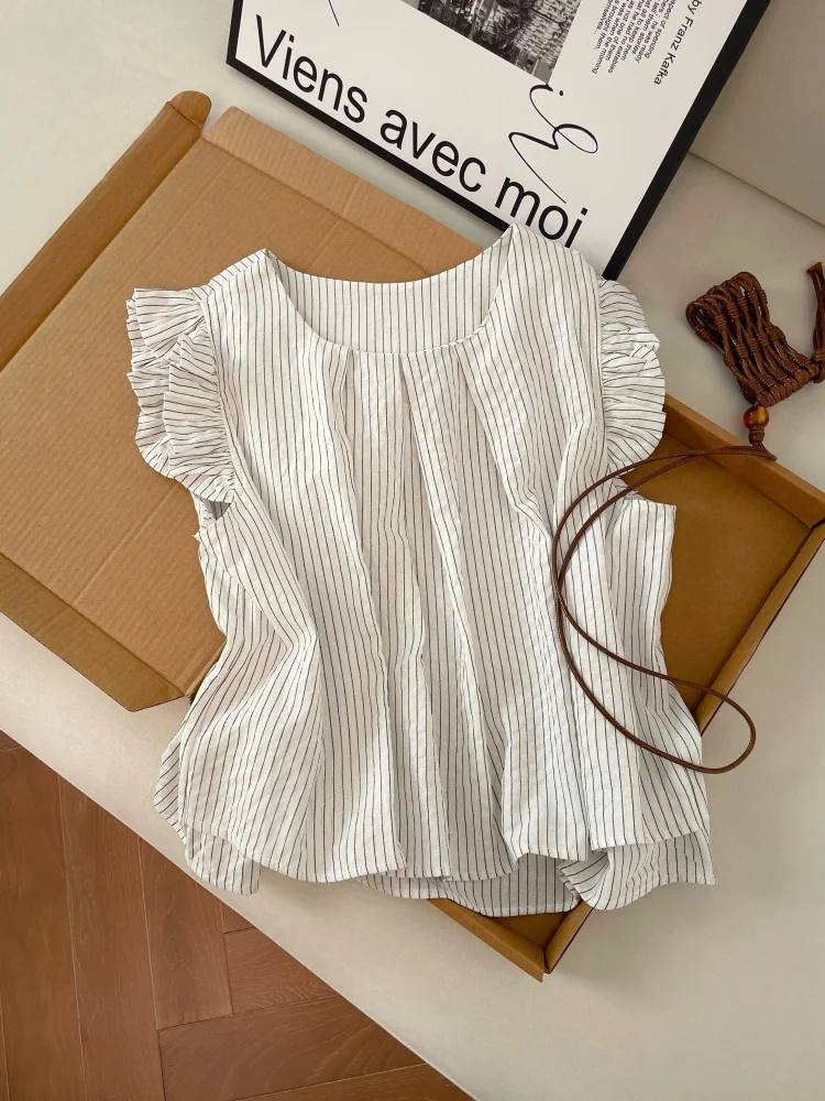 

Sweet Striped Fly Sleeve round Neck Shirt Women's Summer New Design Unique Irregular Short Sleeve Top Fashionable Loose Fit