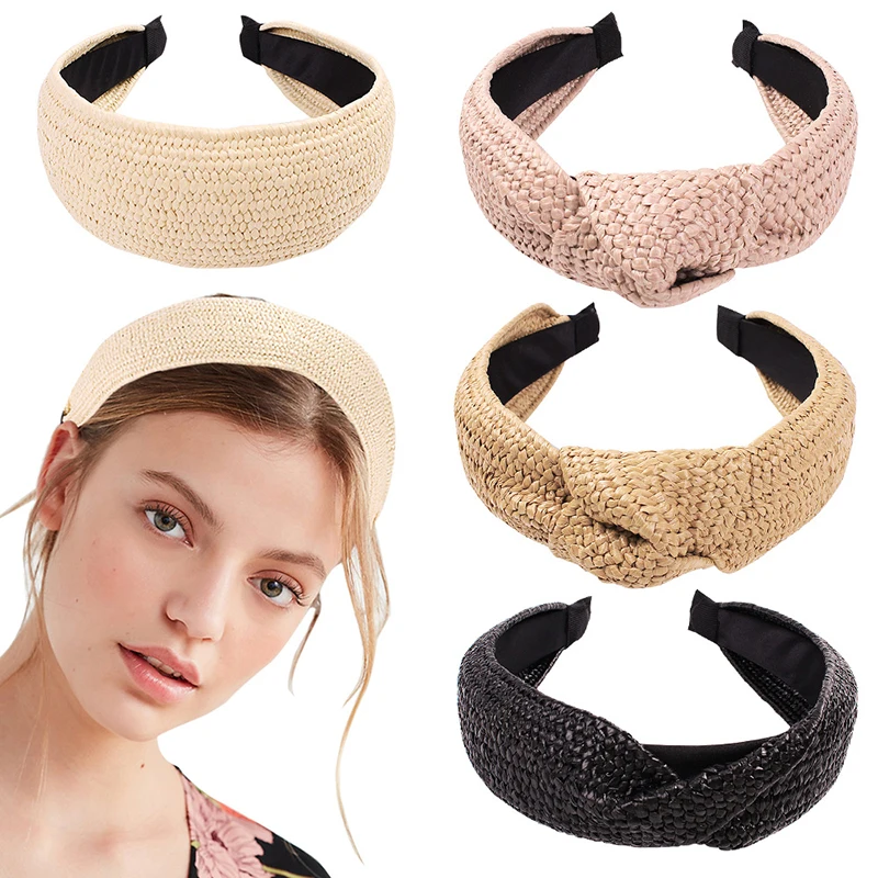 New Fashion Ladies Raffia Solid Colour Hand-knotted Headband Hair Accessories Solid Colour Wide Headdress Hairband