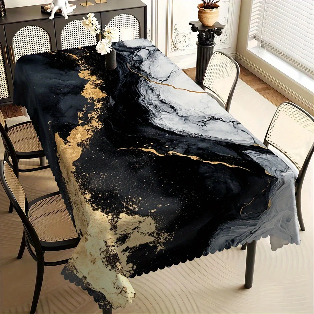 Black White Gold Marble Ink Wash Print Tablecloth Scalloped Edge Waterproof Rectangular Table Cover Modern Dining Cafe Home