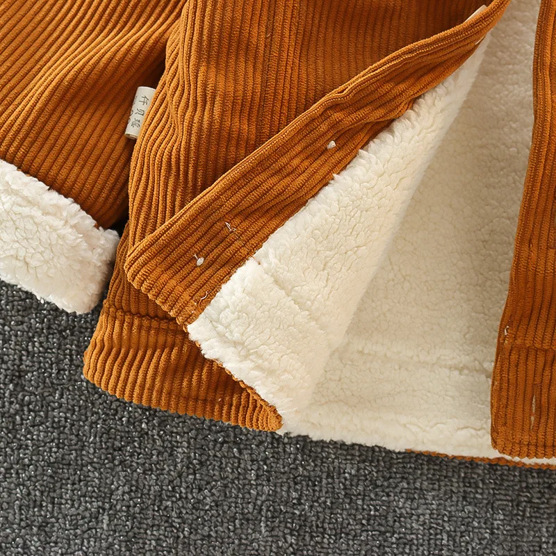 Unisex Winter-Wärmemantel für Kleinkinder Retro Cordstoff Flauschig Sherpa-Gefüttert Fleecekragen Knopfverschluss Vorne Kinderjacke – Detail 11