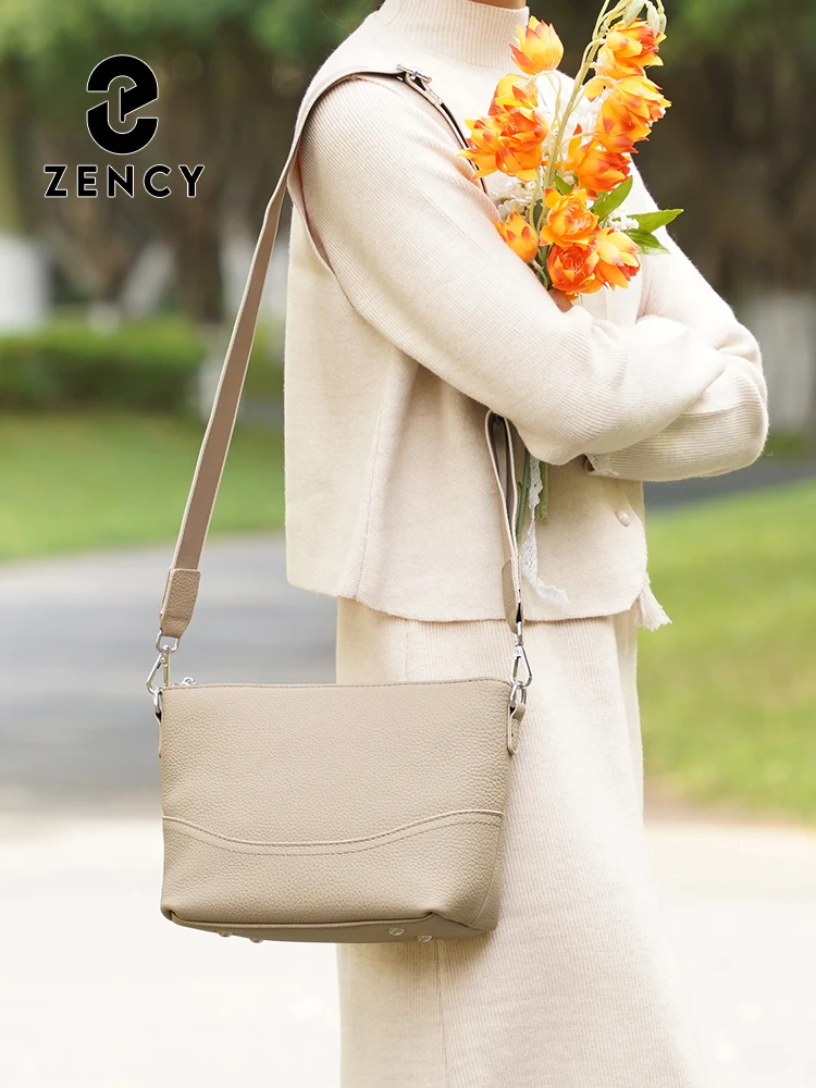Zency Women's Genuine Leather Ladies Leather Crossbody Bag Simple High Quality Simple Bucket Handbag Female Tassel Shoulder Sac