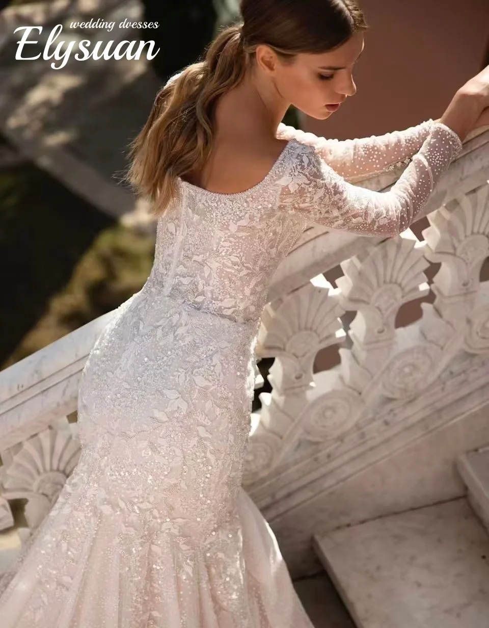 Customized Square Neck Zipper Up Back Long Sleeve Beads Lace 2 Pieces Mermaid Wedding Dresses With Detachable Train Vestido