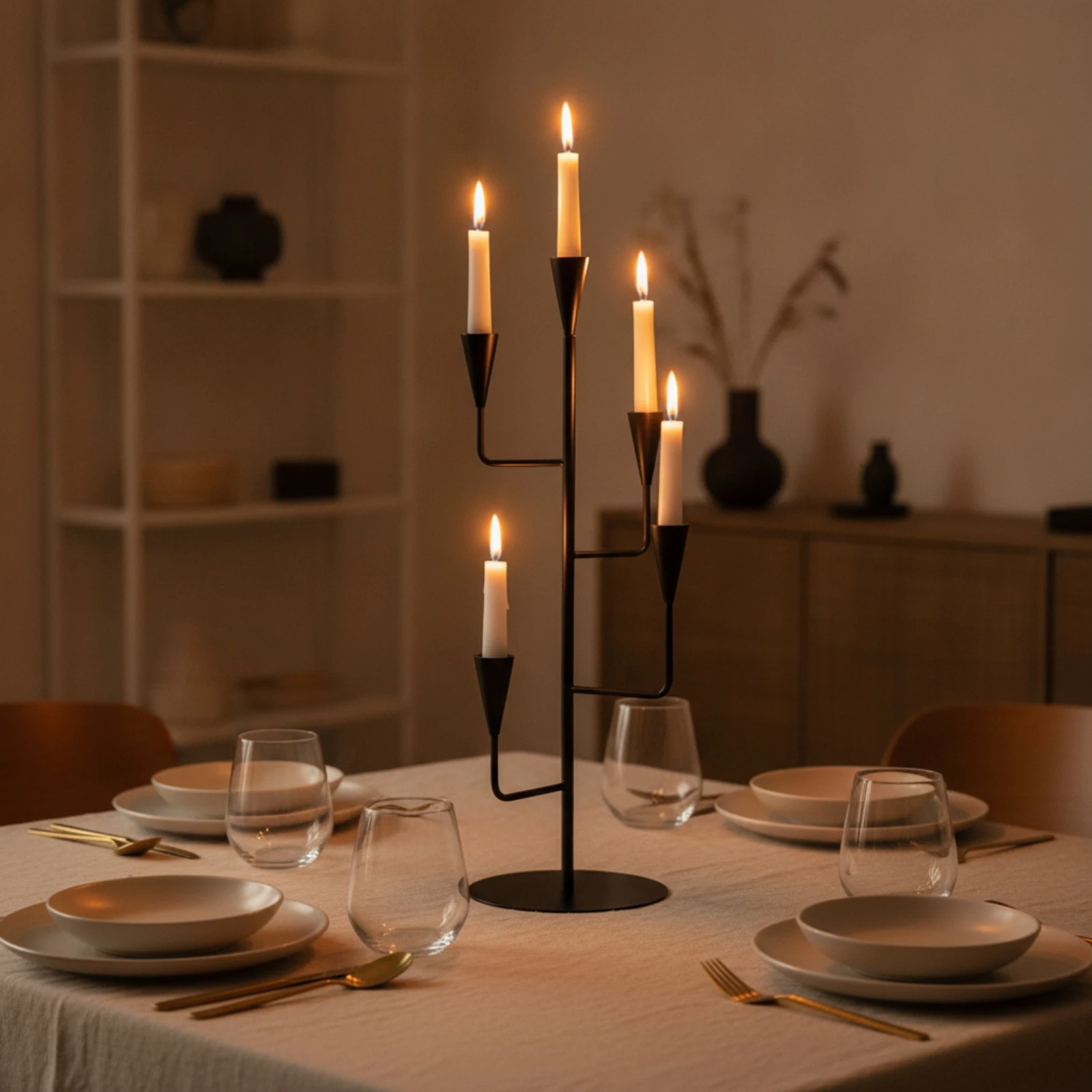 Branch Candlestick Holder Matte Black Five-Arm Candelabra Candle Holder with Five Cups Metal Sculptural for Dining Table, Mantel view 3