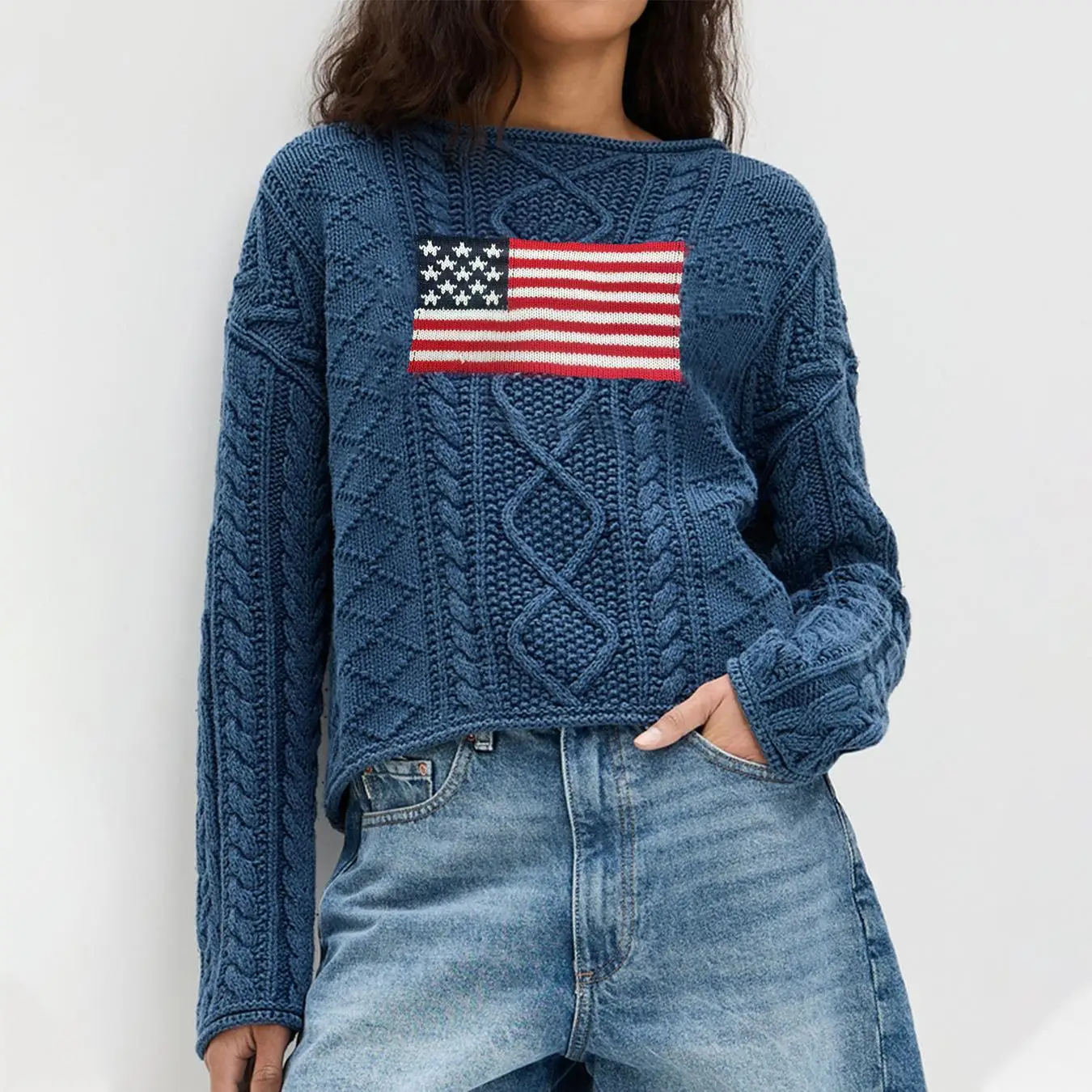

Retro Knitted Flag Sweater Women's Autumn Winter Casual Versatile Lazy Top Long Sve Overhead Sle National Flag Design