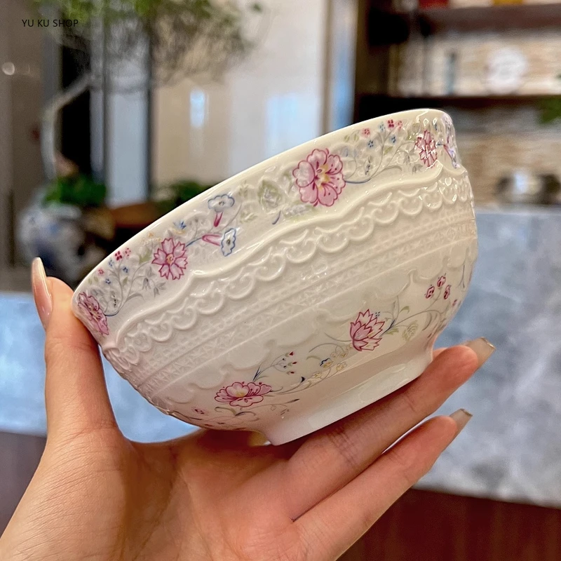 5 Inch Ceramic Bowl Relief Lace Soup Bowl Underglaze Colour Heat-resistant Porcelain Desserts Pastries Breakfast Tableware Set