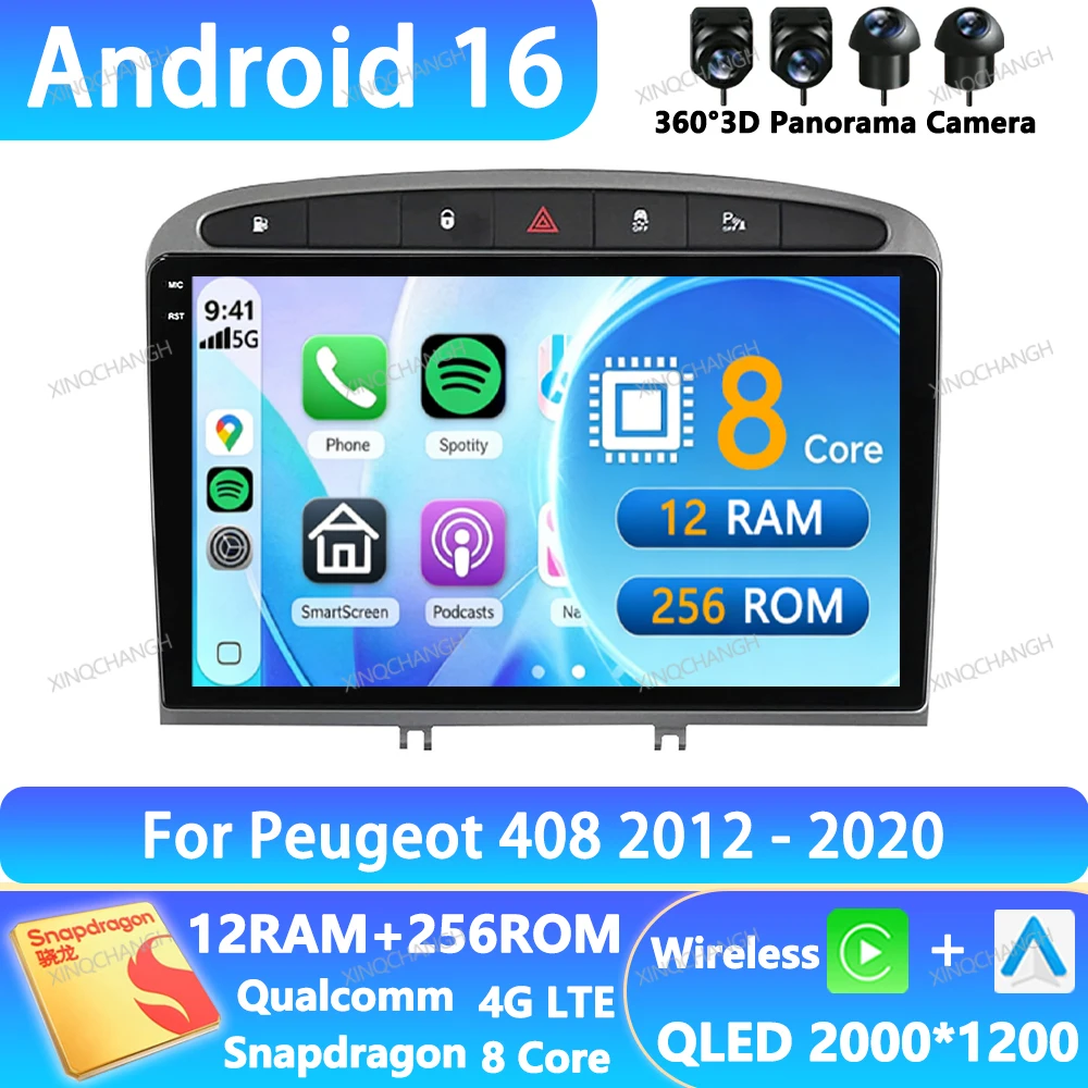 Radio para Auto Android 16 para Peugeot 408 1 2012 - 2020, para Peugeot 308 1 T7 2007 - 2015, Reproductor Multimedia de Video, 4G LTE, 5G WIFI, QLED