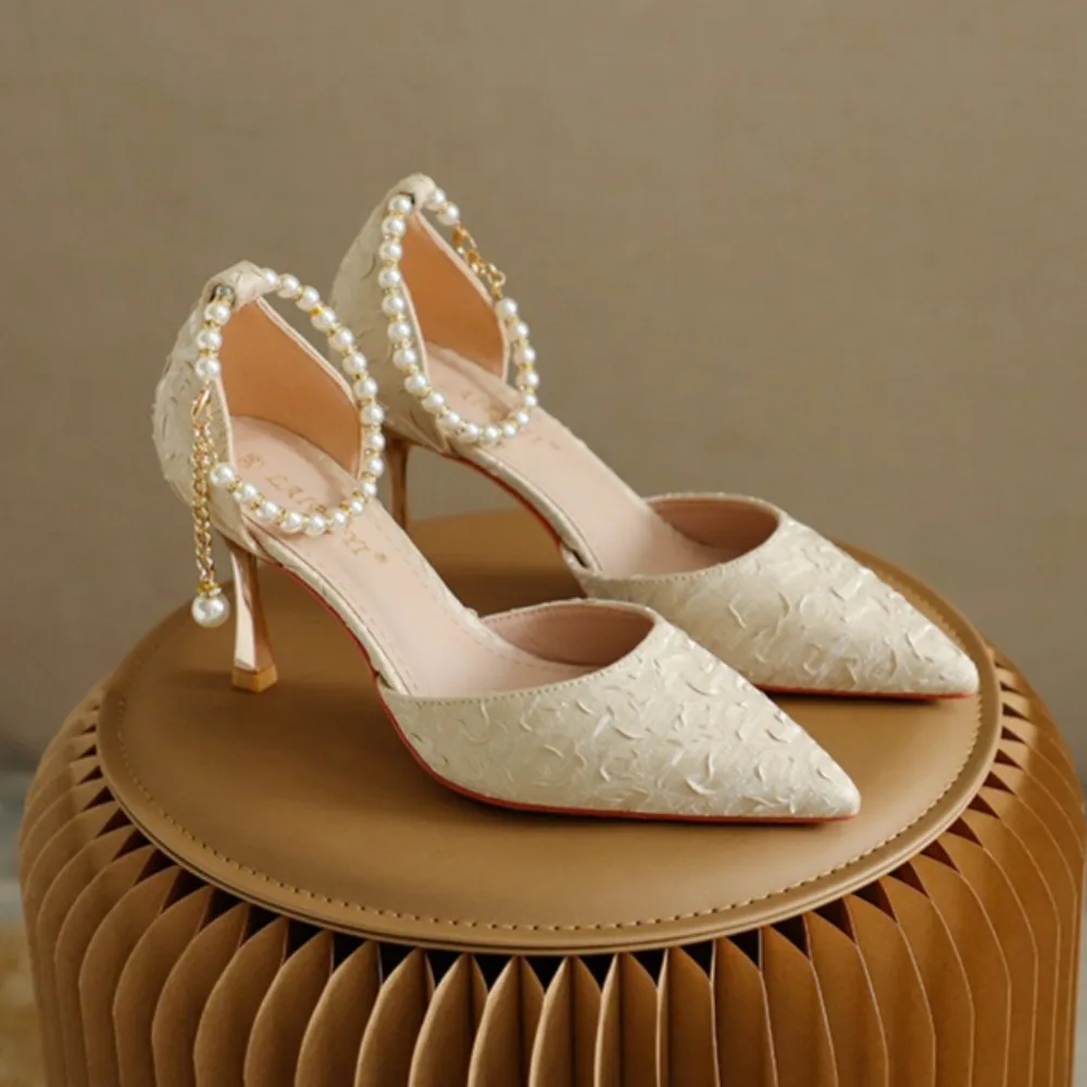 

Женские босоножки на высоком каблуке, полые туфли с бусинами, туфли с острым носком, туфли на высоком каблуке-шпильке с неглубоким носком, женская обувь для банкета