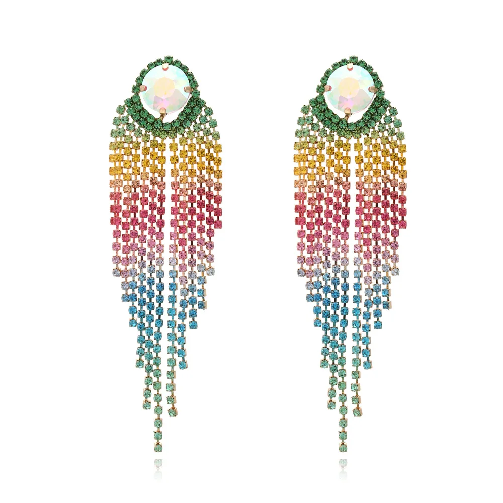 Exaggerated light luxury style long style gradual change color diamond fringed earrings super flash banquet claw chain earrings 