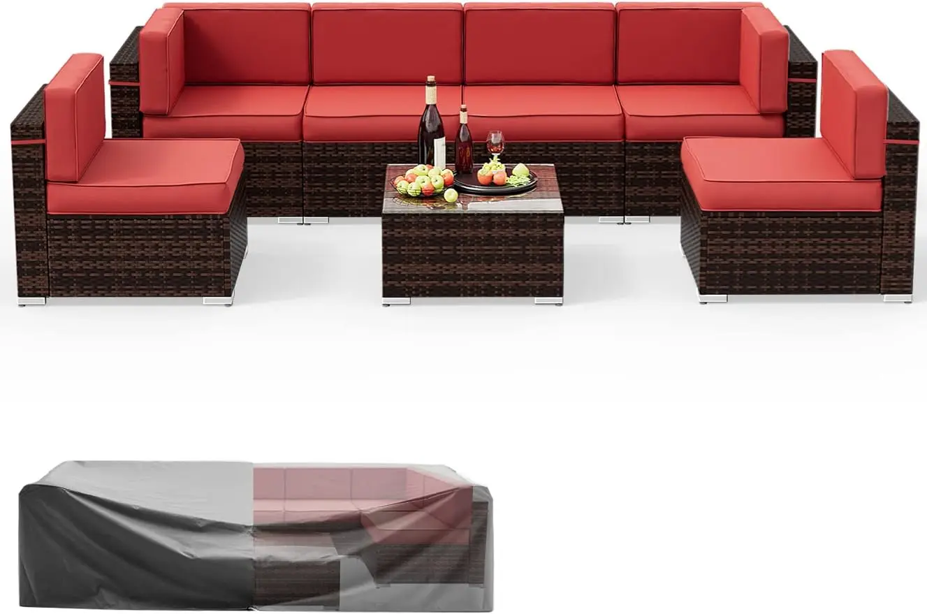 

Patio Set , PE Rattan Outdoor Sectional Furniture Sofa Set, Wicker，with Thickness Cushions, Tea Table & Waterproof Cover