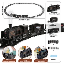 Alloy Black Railway Train Add Water Emit Smoke Toy Metal Carriage Train Track Toys Locomotive with Sound&Light Steam train ﻿