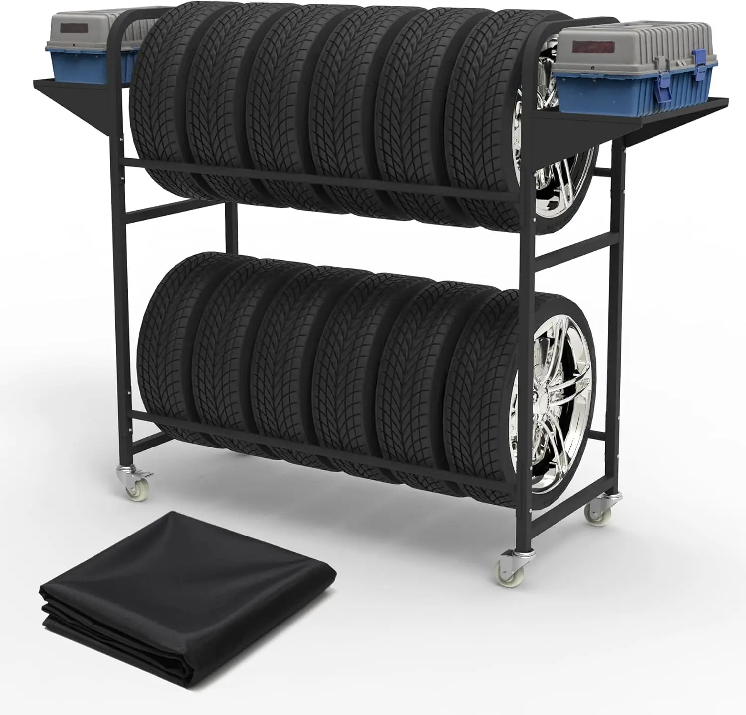 Adjustable Rolling Tire Rack with Anti-dust Cover, 4 Swivel Casters & 2 Shelves for Garage Storage