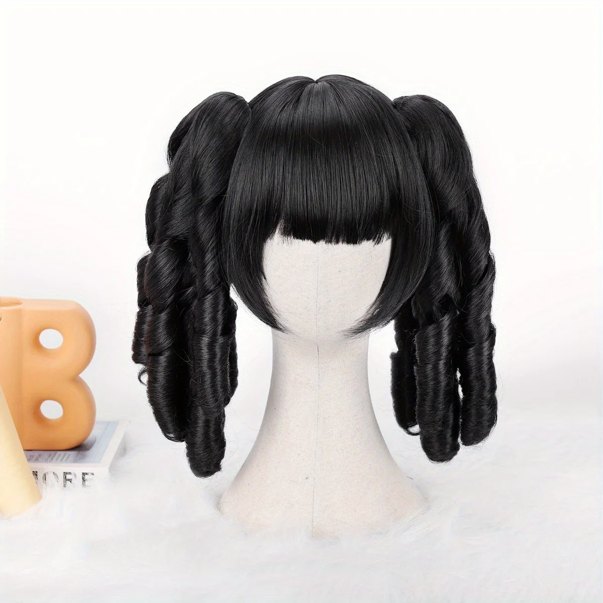 Black Twin Braided Pigtail Wig – Synthetic Hair with Bangs, Curly Twists for Anime, Lolita, Cosplay & Festival Looks