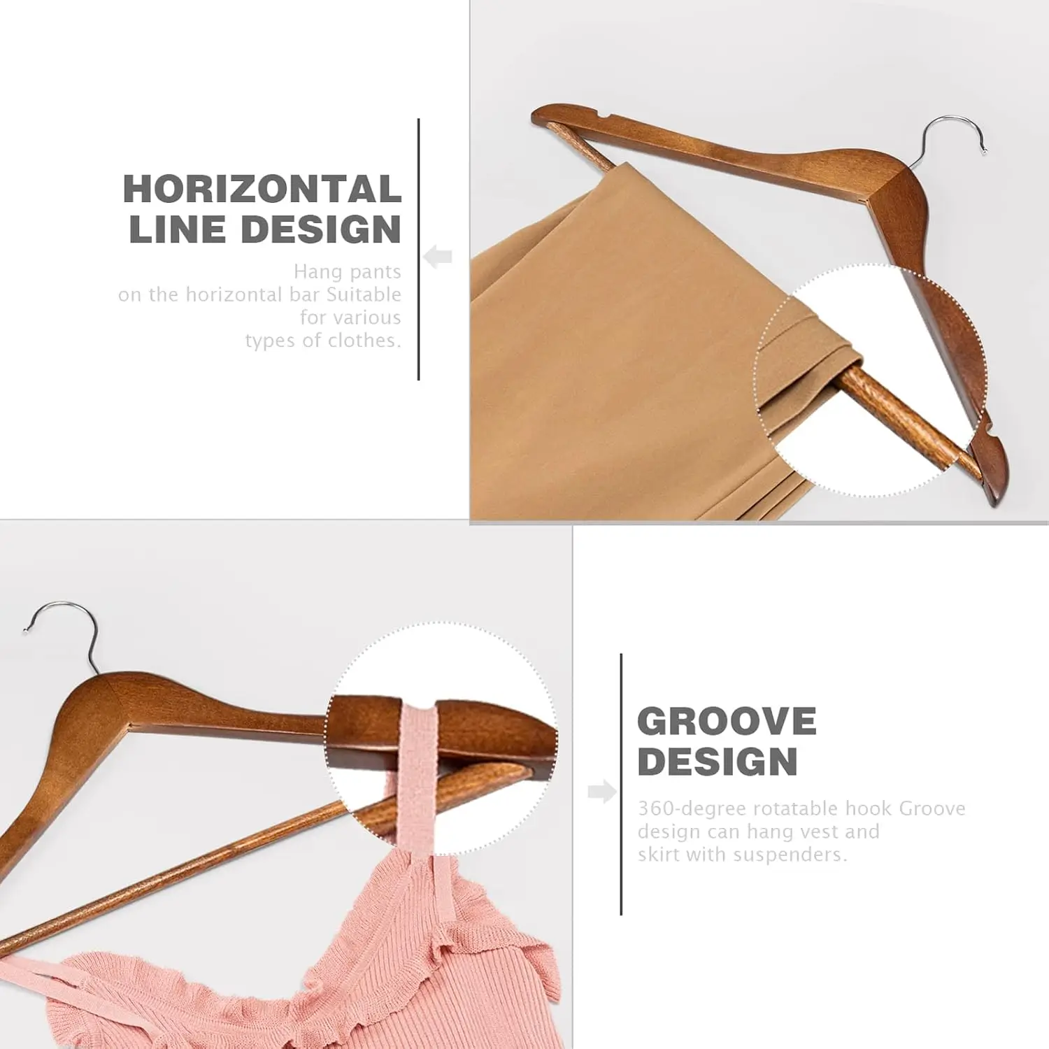 5/10/20Pcs Vintage Wooden Coat Hangers Smooth Wood Suit Hangers with Non Slip Pants Bar Hanging Rack Closet Organization view 3