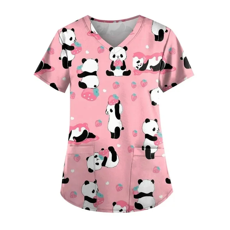 Women's Panda Print Work Blouse Short Sleeve V-Neck Nursing Uniform Top with Pocket