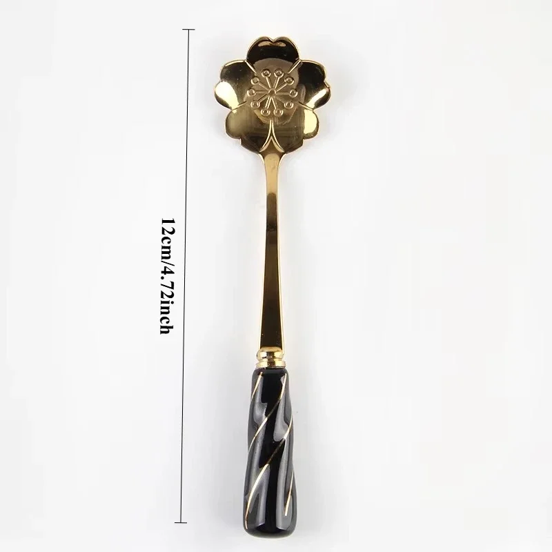 New Gold Plated Spoon Flower Tea Spoon Ceramic Handle Flower Spoon Mark Stainless Steel Coffee Stir Long Spoon