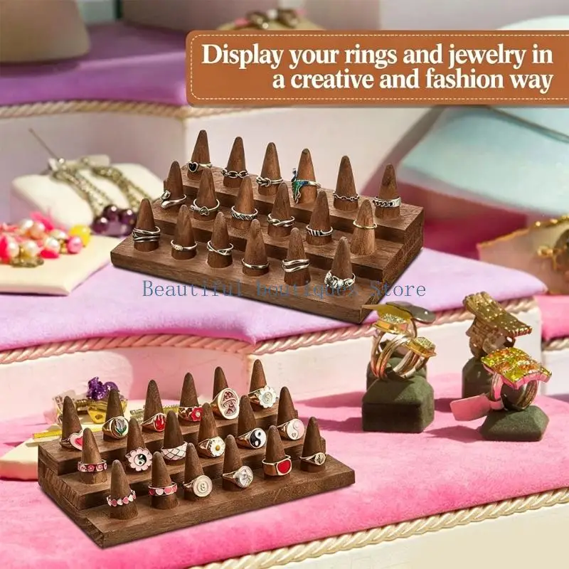 U4LF Tiered Ring Holder Display Stand Set in Solid Wood, Individual Cone Positions for Easy Selection on Vanity Tops or Counters
