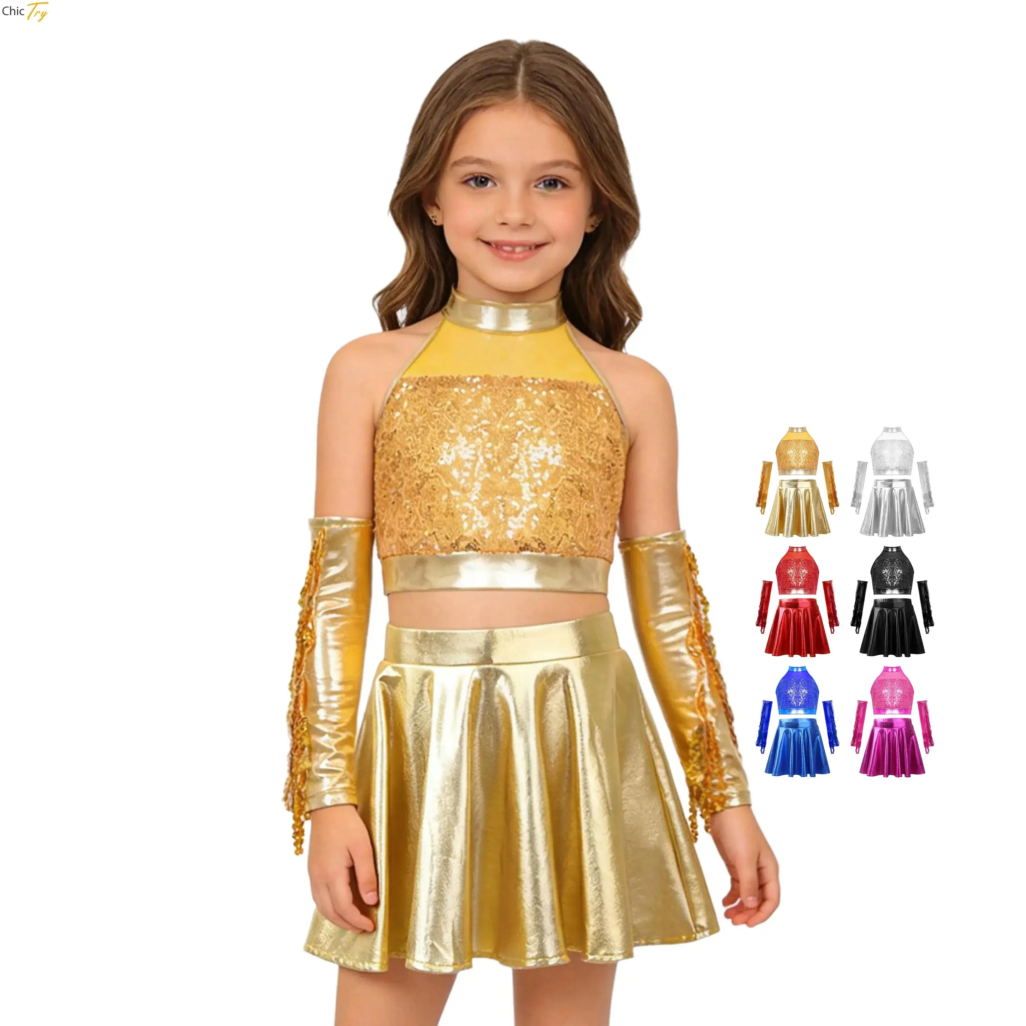 

Детский блестящий танцевальный костюм для девочек: топ с вырезами на спине и пайетками, плиссированная юбка, перчатки с бахромой для выступлений в стиле джаз