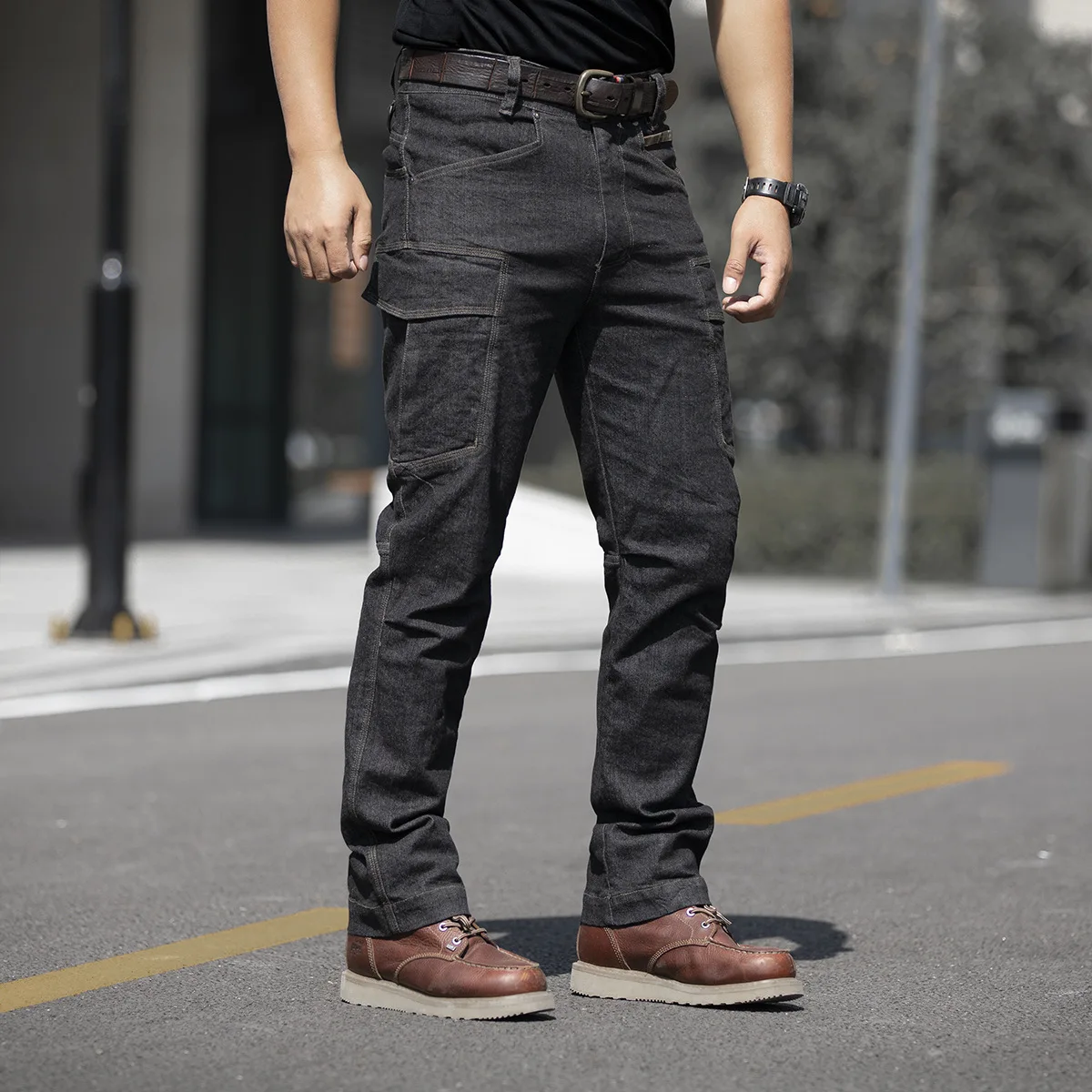 Casual Men Jeans Multi Pocket Cargo Pants Tactical Stretch Men\'s Denim Jeans Blue Black Trousers Fashion Side Pockets Overalls