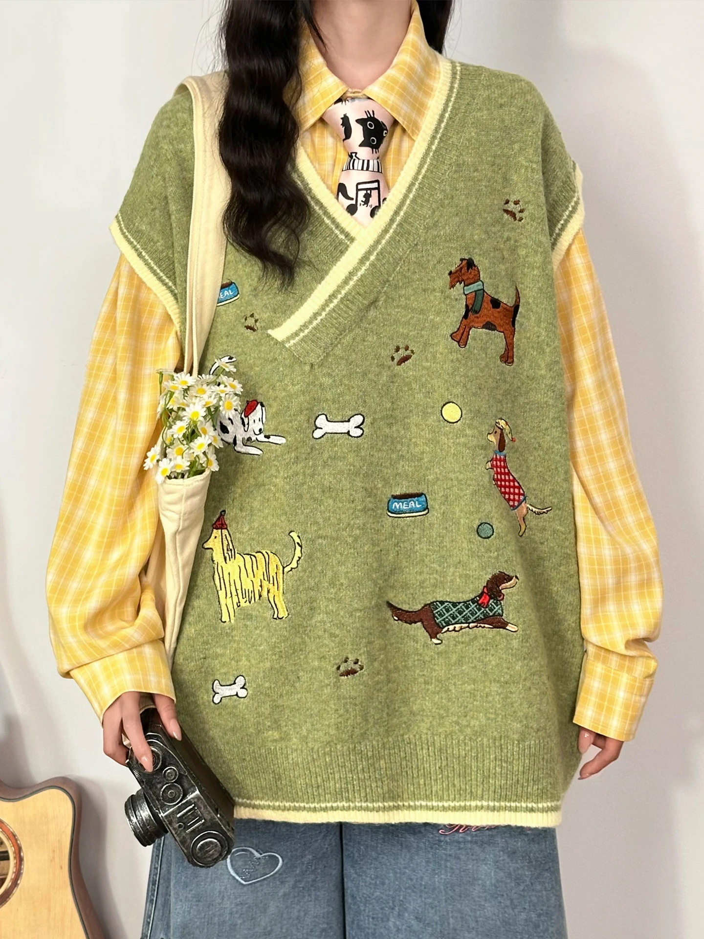 

Оригинальный американский вязаный жилет с контрастной вышивкой в виде собаки для женщин, верхняя одежда для осени и зимы