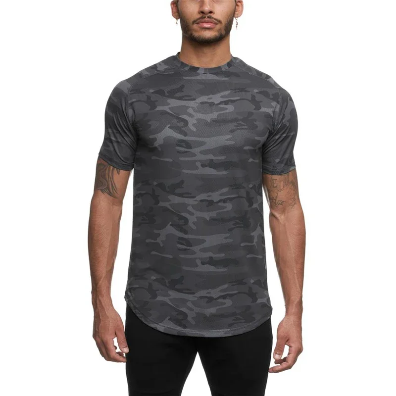 Camouflage Quick Dry Mesh Breathable Shirts Mens Fitness Sports Short Sleeve T-shirts Gym Workout Bodybuilding Muscle Clothing