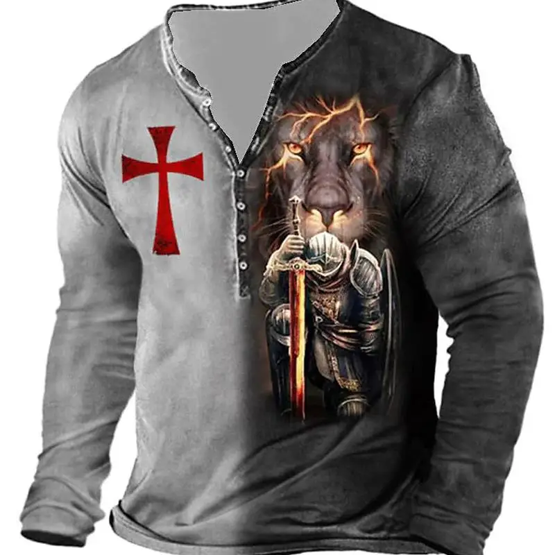 Vintage Men\'s Knight Cotton T Shirt 3d Printed Knight Gothic Long Sleeve T-shirt Oversized Tops Tee Shirt Man Punk Streetwear