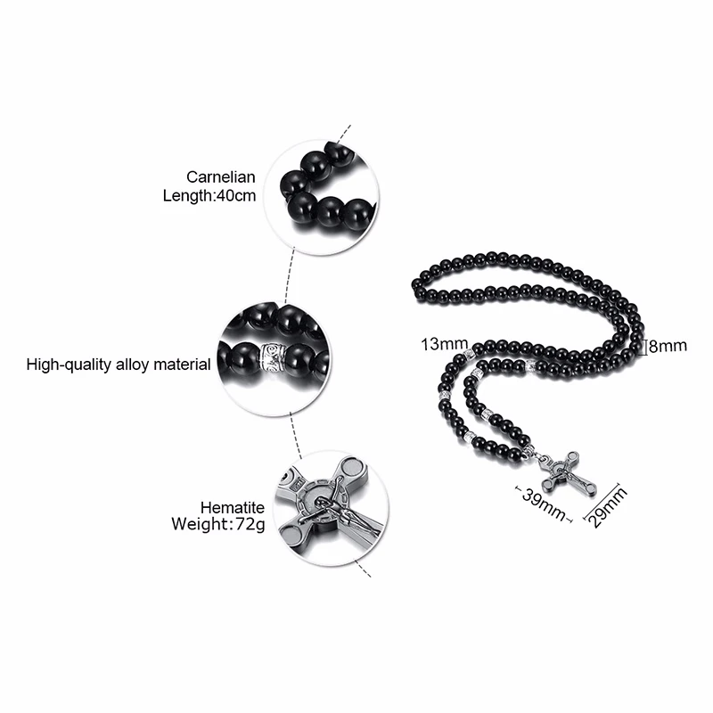 MEN BLACK CARNELIAN STONE ROSARY BEAD NECKLACE CROSS CRUCIFIX CATHOLIC MALE JEWELRY