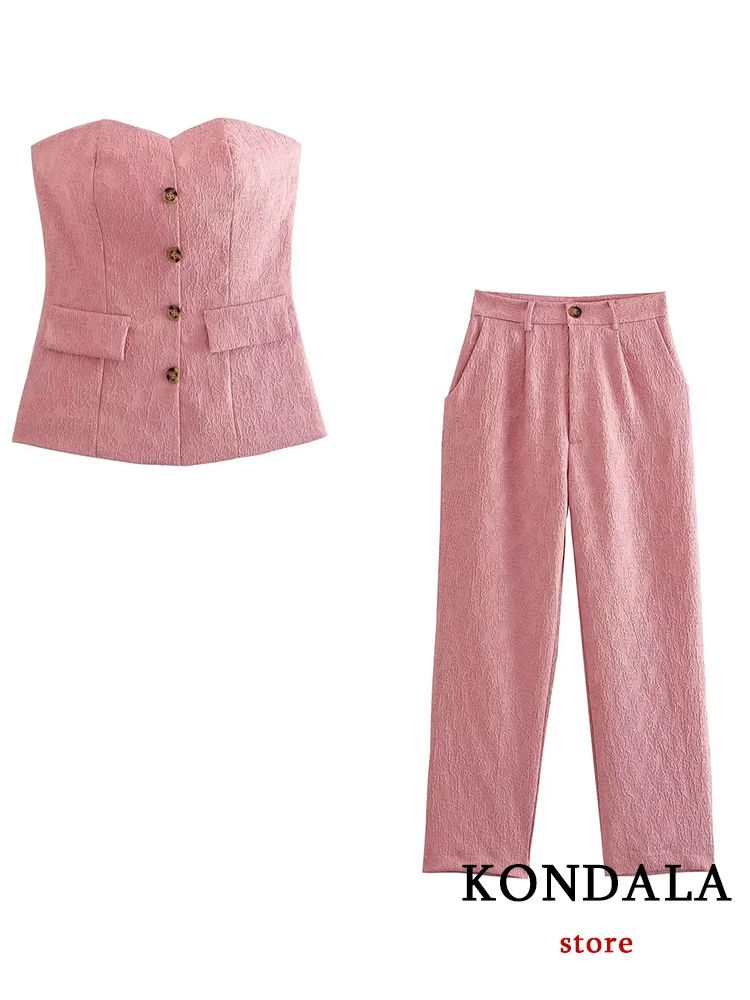 KONDALA Office Lady Pink Lace Tube Suits donna corsetto bottoni singoli Crop top donna + vita alta tasche a gamba larga pantalone Set estivo