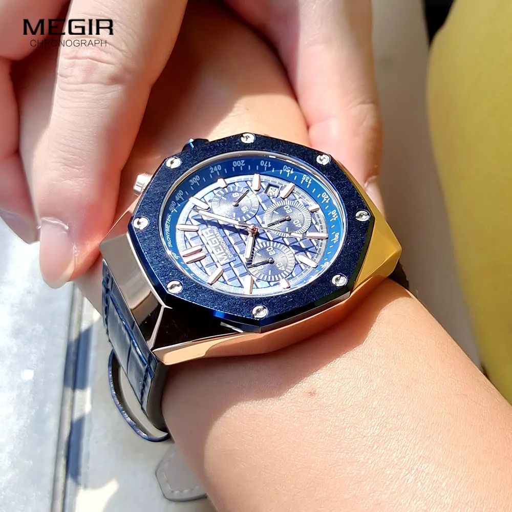 MEGIR Sport Watch for men Blue Leather Strap Waterproof Chronograph Quartz Wristwatch with Luminous Hands 24-hour Auto Date 2213