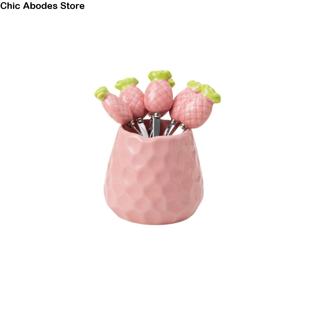 

Pineapple Carrot Ceramic Fruit Forks Set Ins Style Creative Dessert Forks with Storage Jar Home Decoration Household