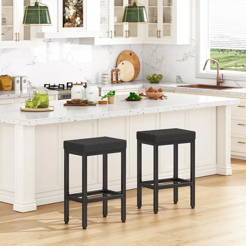Pair of 26 Black Modern Counter Height Bar Stools with Metal Legs for Kitchen Island and Living Room