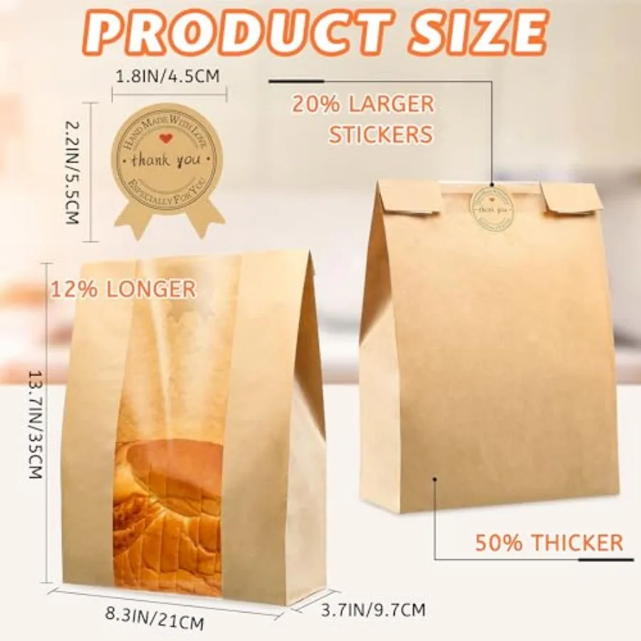Pcs Bread Bags for Homemade Bread % Thicker With Window Sourdough Bags Large Kraft Paper Bag, 13.7x8.2x3.7in, Used for Storage