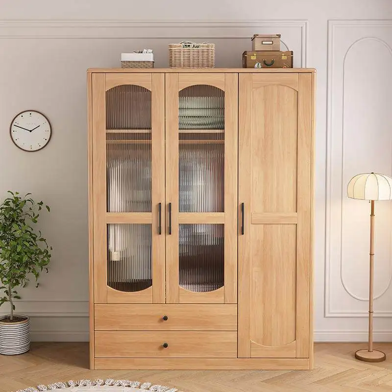 

HYS solid wood wardrobe two doors three doors wardrobe home bedroom glass door storage large wardrobe floor hanging