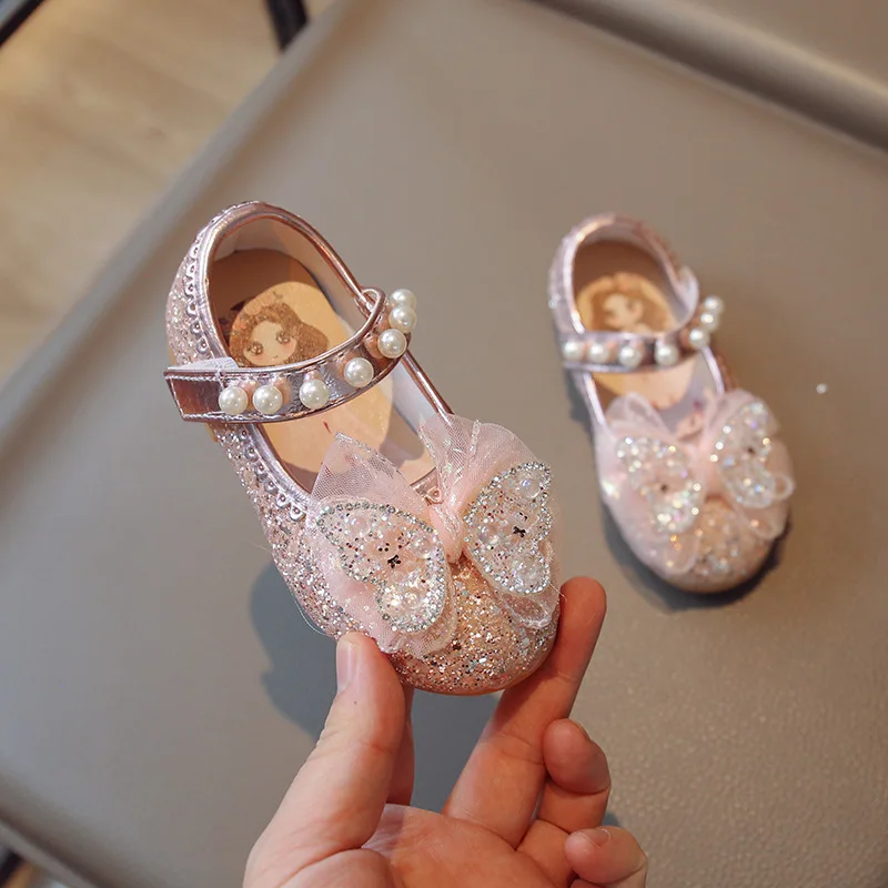 Princess Kids Leather Shoes New Pearl Glitter Children Dance Party Shoes Shiny Bowknot Baby Girls Flats Student Performance Shoe