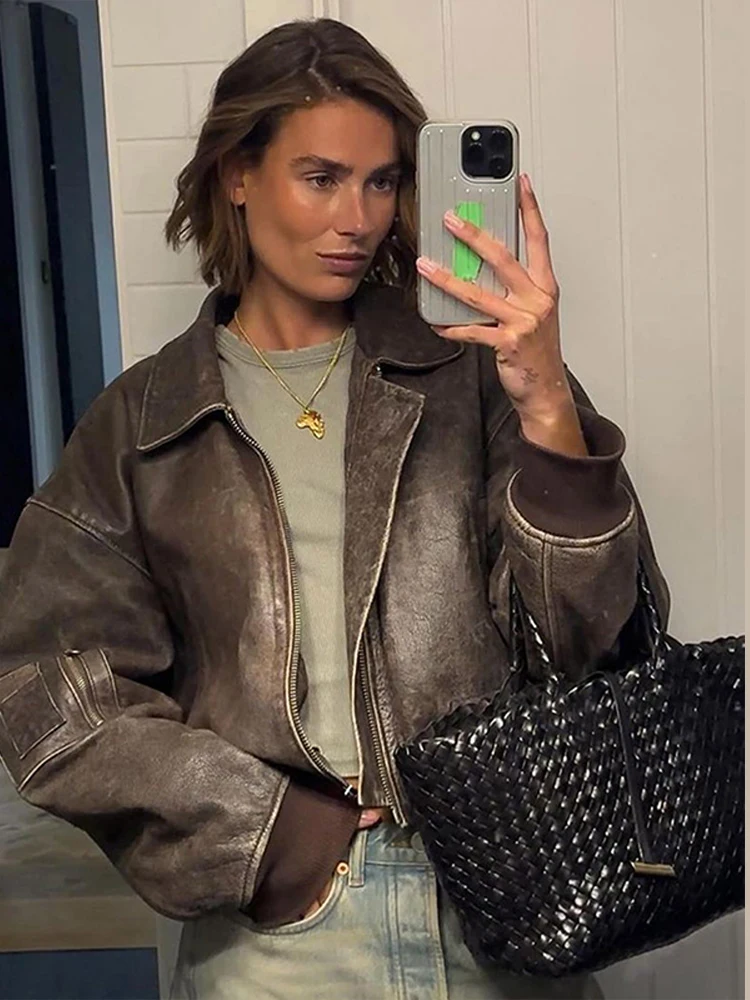

Vintage Women Leather Jacket For Women Slim Waist Lapel Long Sleeve Coat Zipper Y2k Short Streetwears Autumn New Lady Outwears