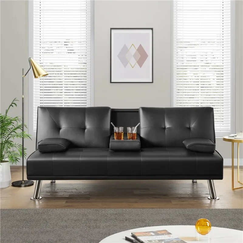 Renwick Luxury Goods Sofá futón moderno de piel sintética negra con portavasos y almohadas Muebles de sala de estar