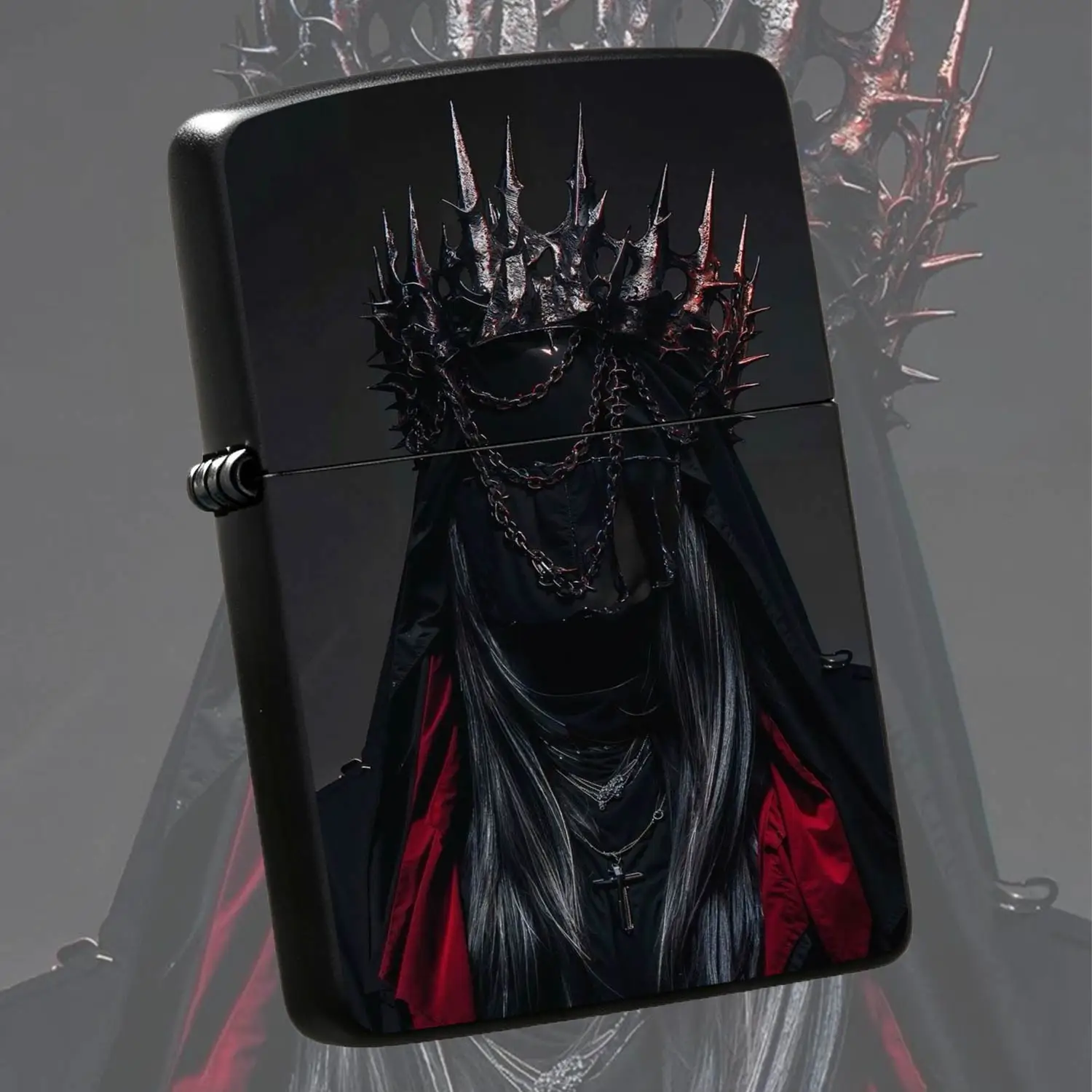 Dark Spiked Thorn Crown Veiled Figure Print Lighter, Moody Gothic Aesthetic Portable Ignition Device, Versatile For All Daily Scenes, Unique Artistic Cool Accessory, Ideal Gifting Choice For Dark Style Lovers, Exquisite Decorative Practical