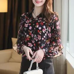 Women's Clothing Spring Summer Turn-down Collar V-Neck Chiffon Pullover Lantern Long Sleeve Printing Button Up T-shirt Tops