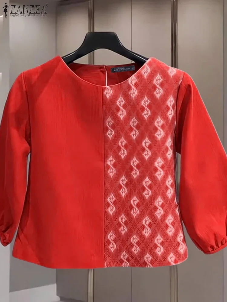 

Женские топы в стиле пэкворк, повседневная свободная осенняя блузка, модная туника с рукавами три четверти, пуловер с круглым вырезом, большие размеры, Blusas 2025 ZANZEA