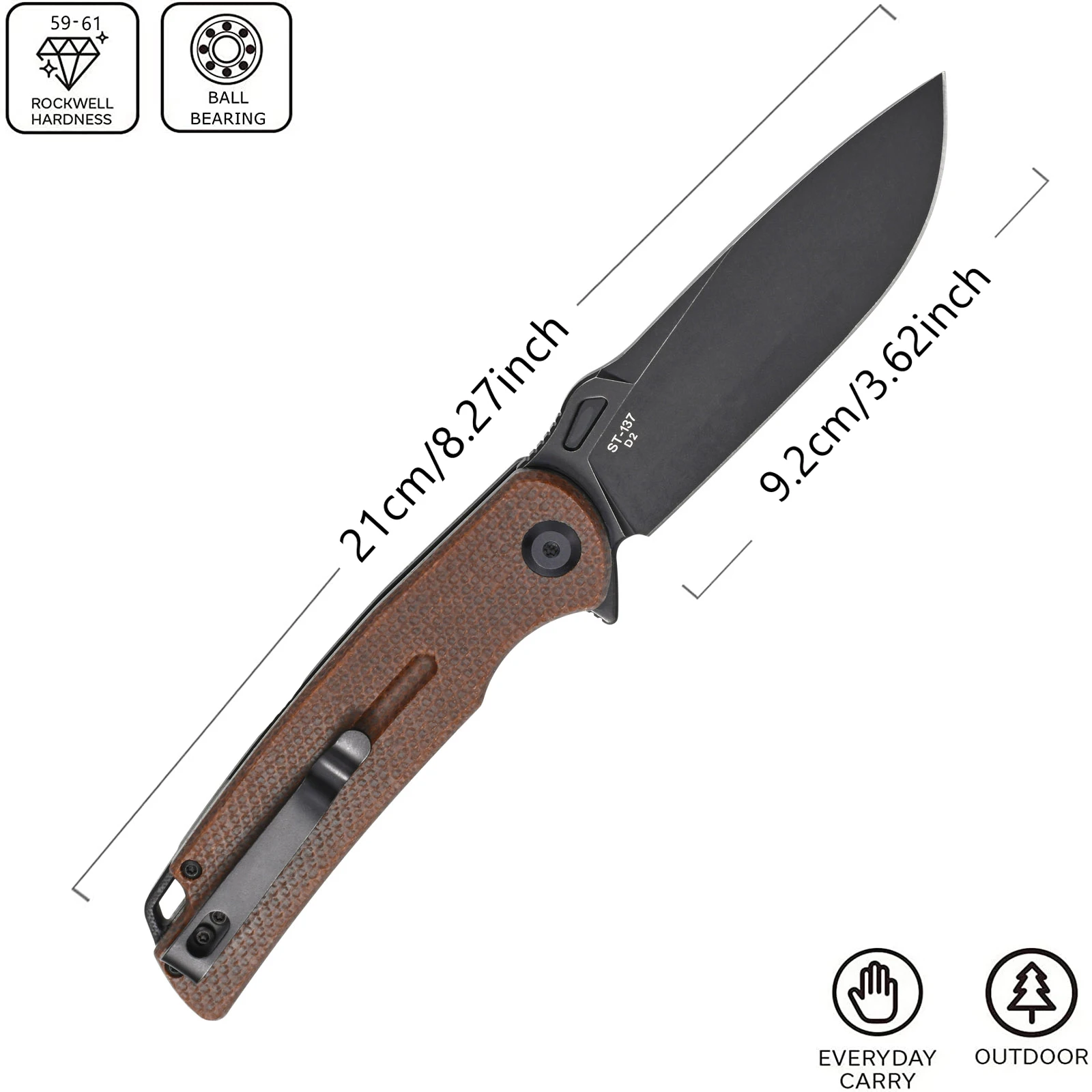 Sitivien ST137 Folding Knife,D2 Satin Blade,Micarta/G10 Handle EDC Tool Knife for Working Home Using Outdoor Hiking Camping